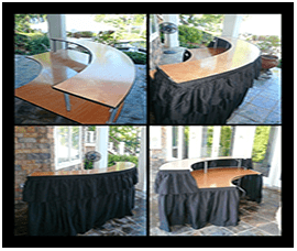 Black linens on wood tables