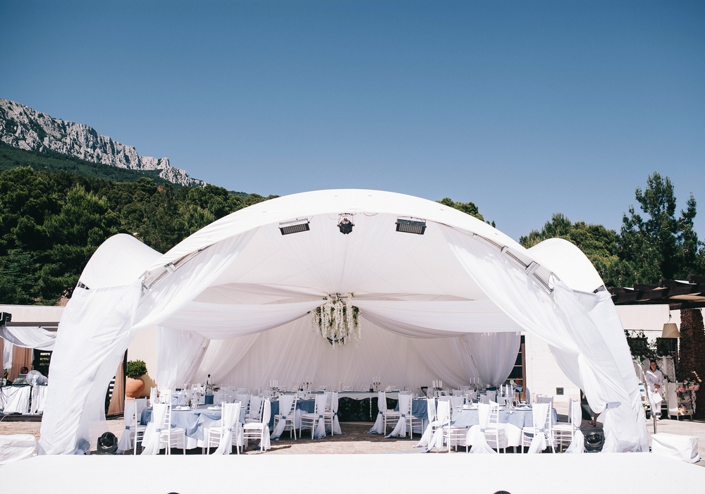 Wedding tent on a mountain sky