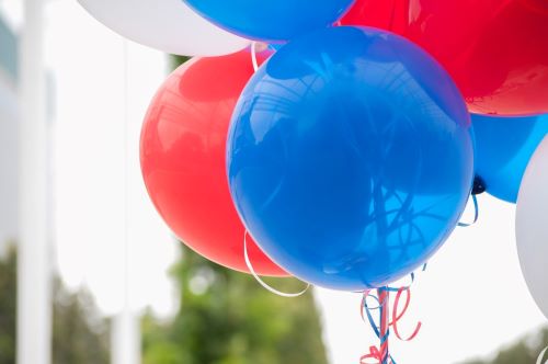 Party balloons in red blue and white